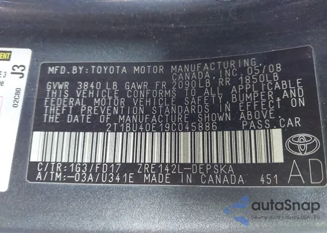 2009 Toyota Corolla S из США, поврежденный, VIN 2T1BU40E19C045886